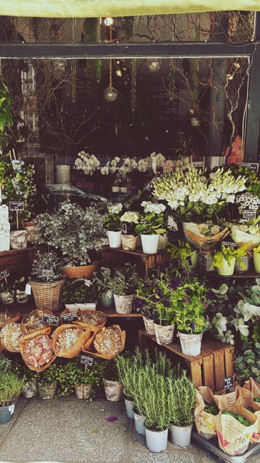 A display of freshly arranged floral bouquets and potted plants at a flower shop, featuring white and cream-colored flowers such as lilies and roses, complemented by lush green foliage. The bouquets a