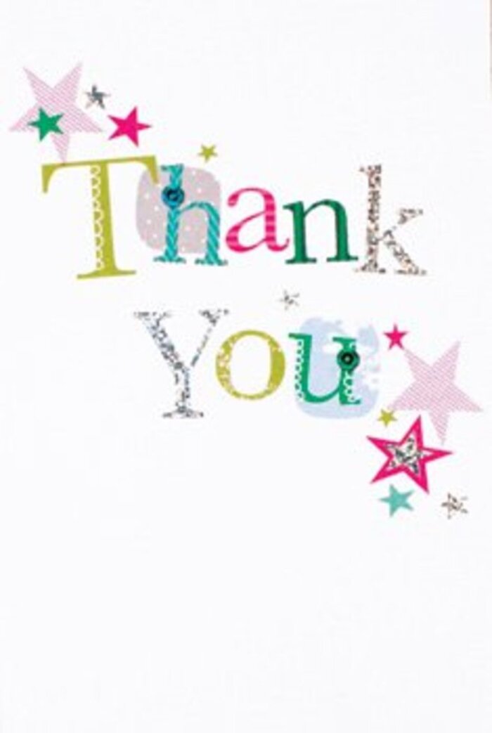 In the clean, airy expanse of this thank you card, the phrase 'Thank You' comes alive in a harmonious interplay of colour and detail. Each letter is distinct: some glide in whimsical loops with turquoise and shimmering silver, others are accented with lively polka dots or stitched borders that recall the artistry found at local Haggerston boutiques. Swirling stars, each sparkling with magenta, teal, or pale gold, cluster gracefully around the handwritten message-tiny bursts of celebration echoing the joyful energy found on Kingsland Road. The tactile finish of the card suggests a handmade spirit, a detail so often appreciated in local florist work. With its bright, immaculate white background, every hue and shimmer seems to leap forward, as if basking in the glow of a sunny courtyard just off Albion Drive. The overall impression is warmly sophisticated-neither overly formal nor too whimsical-making the act of giving thanks universally resonant. Imagine pairing this card with a lush bouquet from Flowers Haggerston: the design's uplifting charm and textured artistry perfectly amplifying the heartfelt intent. It's a gesture crafted for memory, echoing gratitude as naturally as flowers blooming each season in our corner of East London.