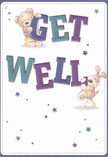 Brimming with cheerful optimism, this get well card radiates the kind of heartfelt warmth familiar to those who know Haggerston's close-knit charm. Two delightful figures-a plush teddy bear and an eager puppy-spring playfully from the page, their paws gripping robust, colorful letters that spell out a bold 'Get Well.' Vivid strokes of indigo and teal add depth to the text, while a soft cream background provides soothing balance, much like the calm of a quiet corner near Haggerston station. Light scatters across the design as tiny stars shimmer in shades of midnight blue and gentle lavender, hinting at both whimsy and hope. The bear's shaggy fur and the puppy's floppy ears are illustrated with such softness they seem ready to offer a comforting cuddle, reminiscent of the thoughtful hands that prepare bouquets at Flowers Haggerston. This card doesn't just send well wishes-it wraps its recipient in a cocoon of kindness and reassurance, perfect for anyone recovering in our lively East London community.
